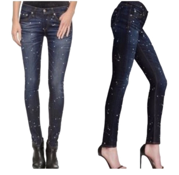 𝅺RAG & BONE Blue White Dark Rinse Andfield Splatter Paint Skinny Jeans Size 26 - Picture 1 of 13